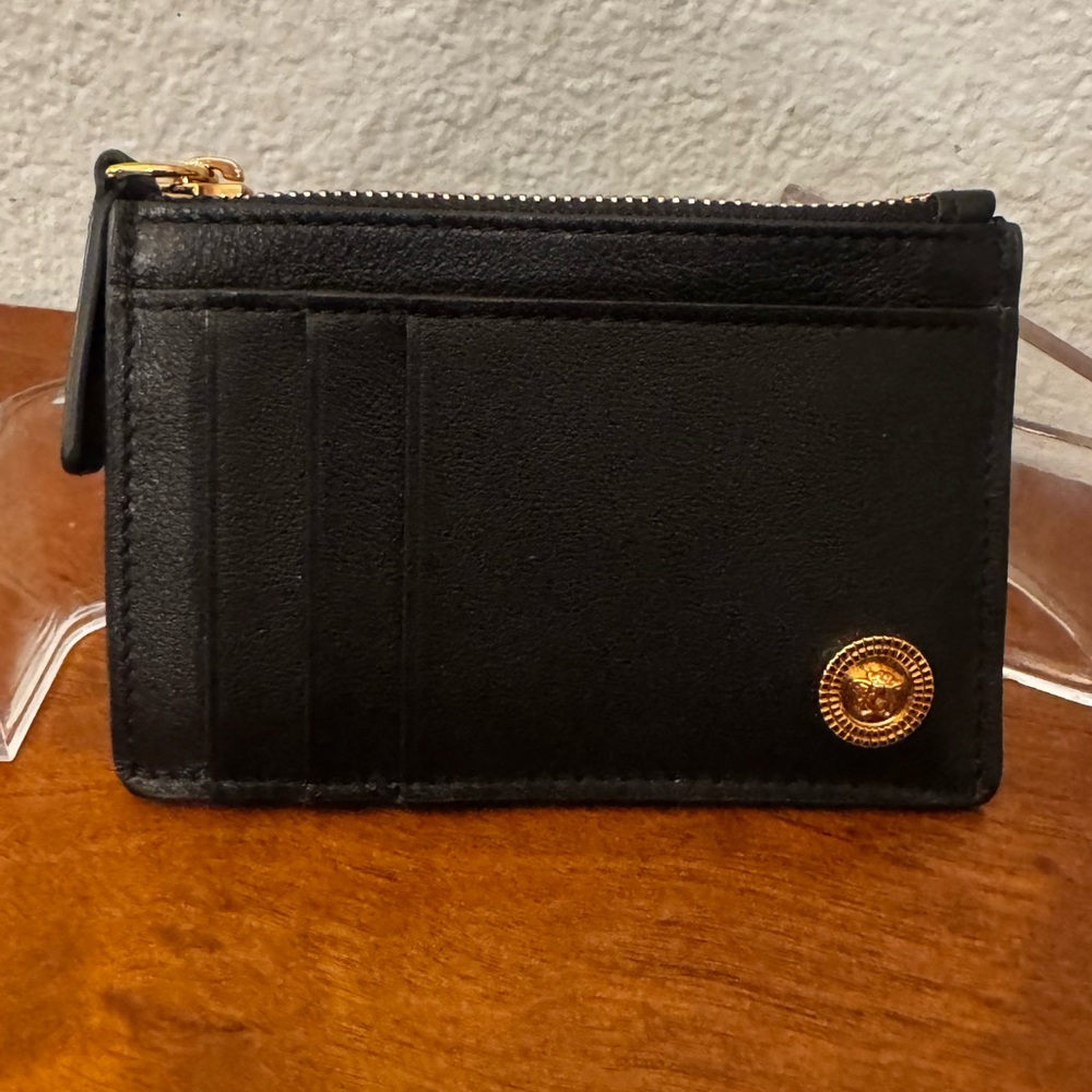 Versace Black Leather Card Holder with Gold Medallion NWT